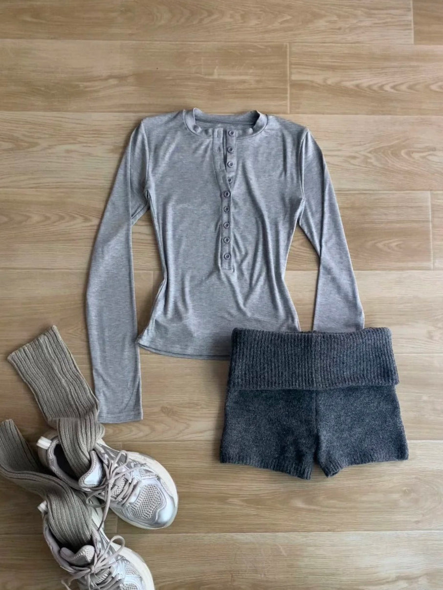 Grey Long Sleeve Button Crop and Silver Knit Shorts Y2K Two Pieces Sets