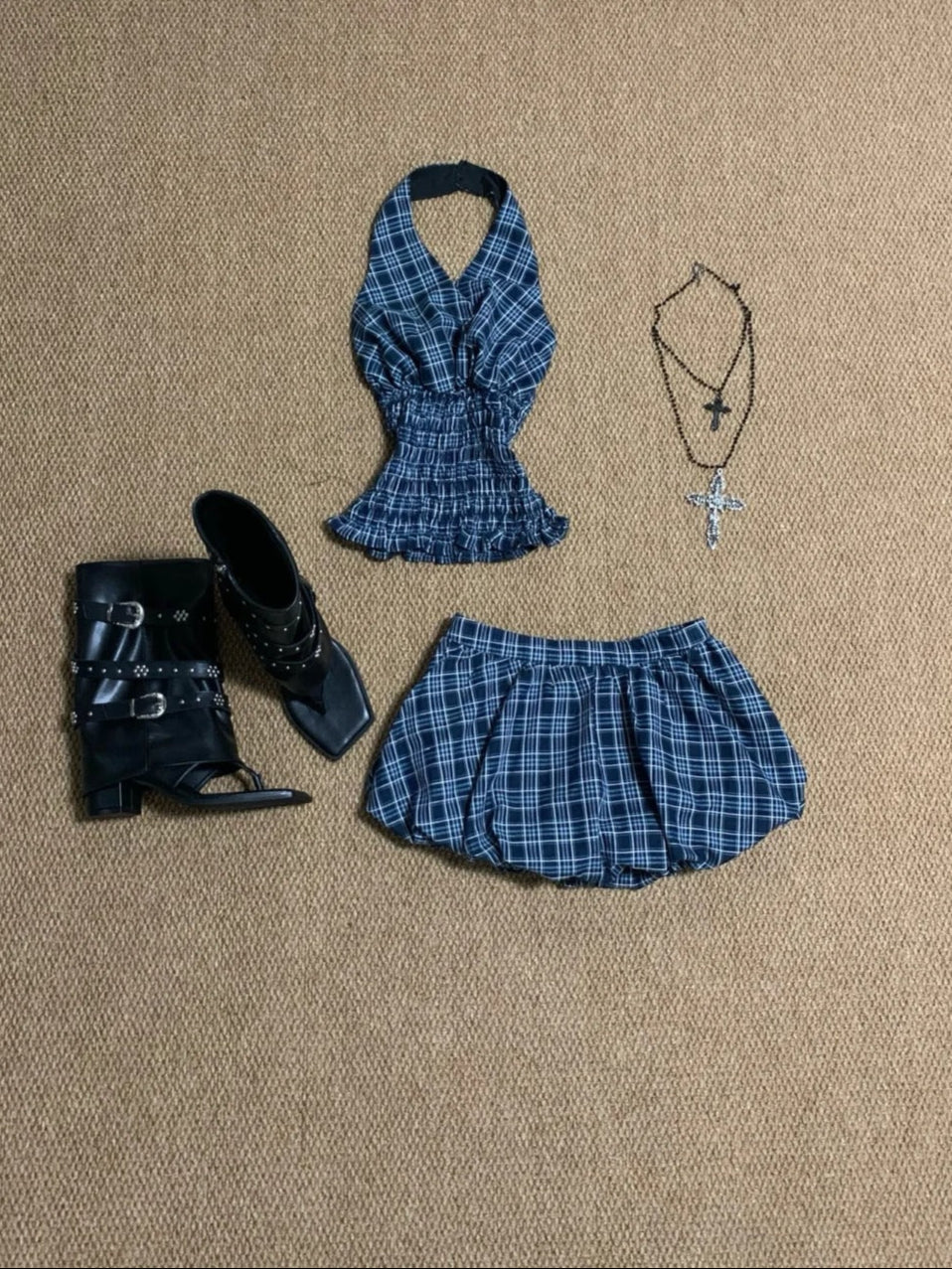 Blue White Check Sleeveless Playsuit Y2K Mini Dress