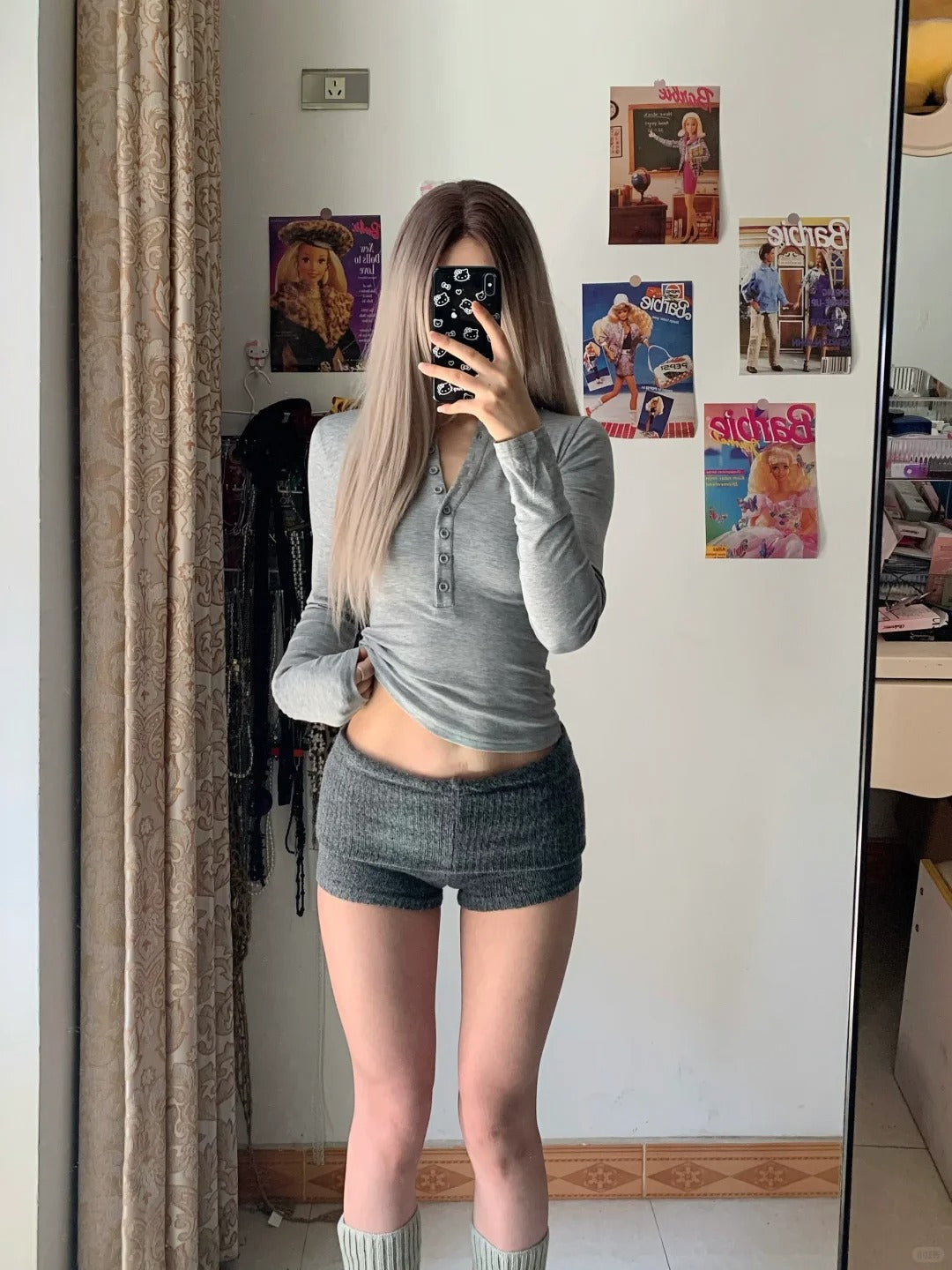 Grey Long Sleeve Button Crop and Silver Knit Shorts Y2K Two Pieces Sets