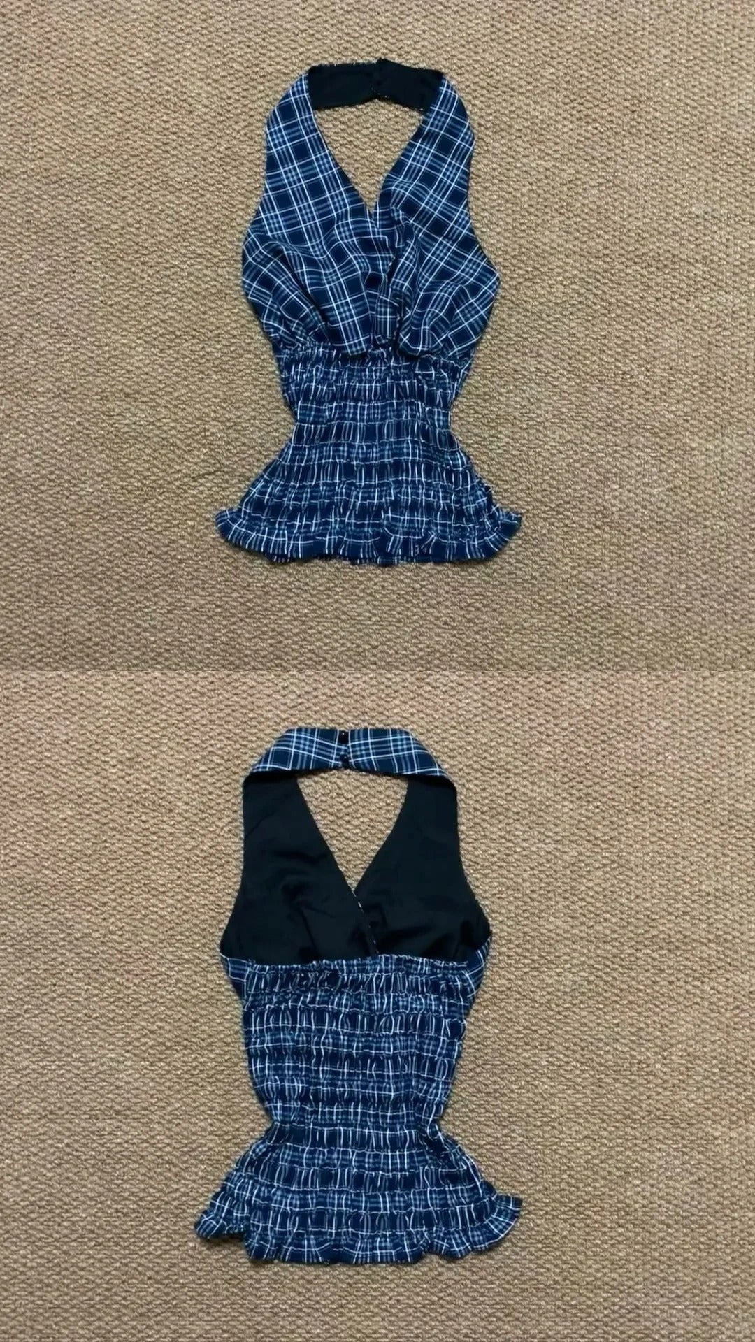Blue White Check Sleeveless Playsuit Y2K Mini Dress