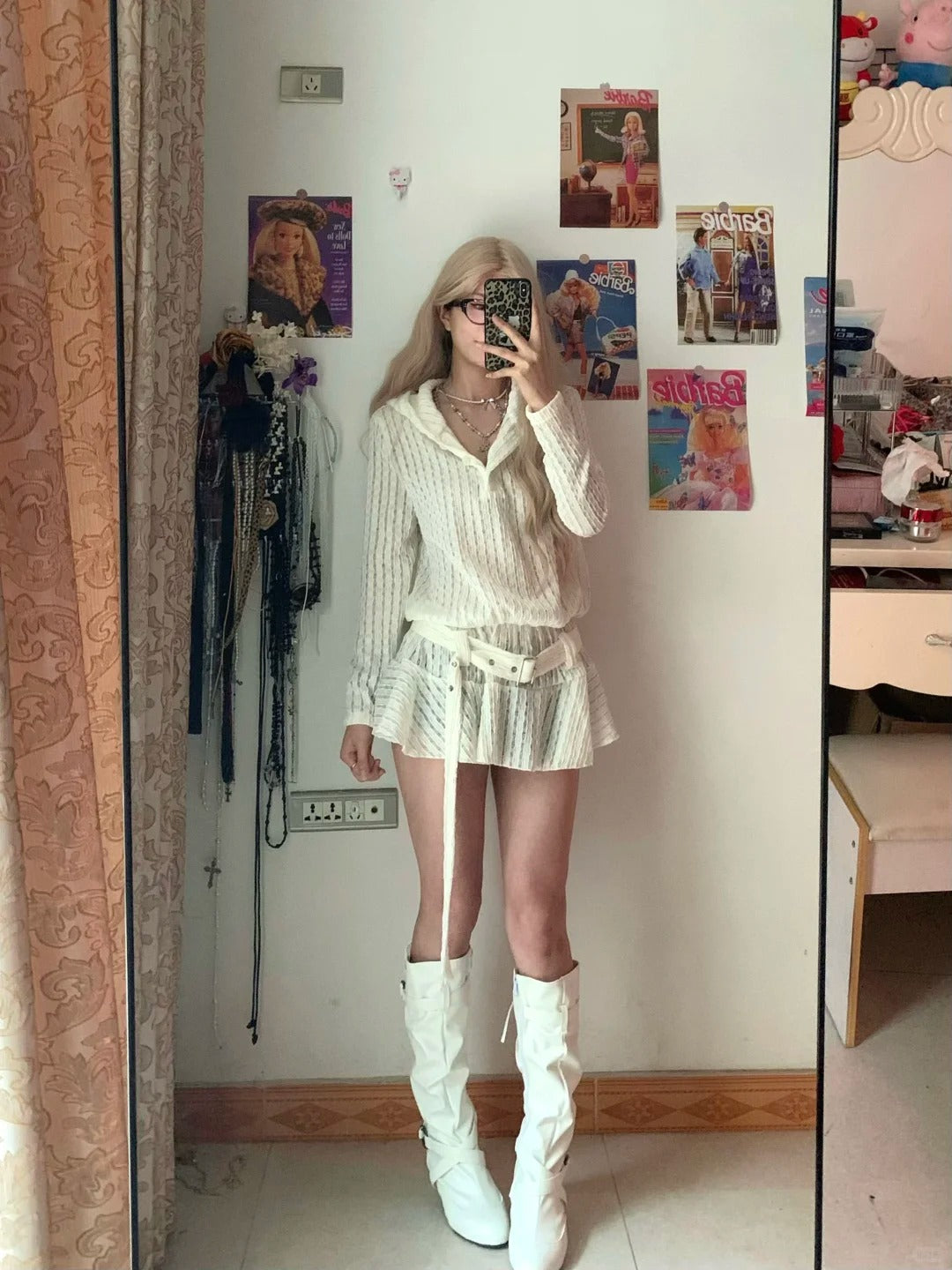 White Knit Hooded Top and Mini Skirt Y2K Two Piece Sets