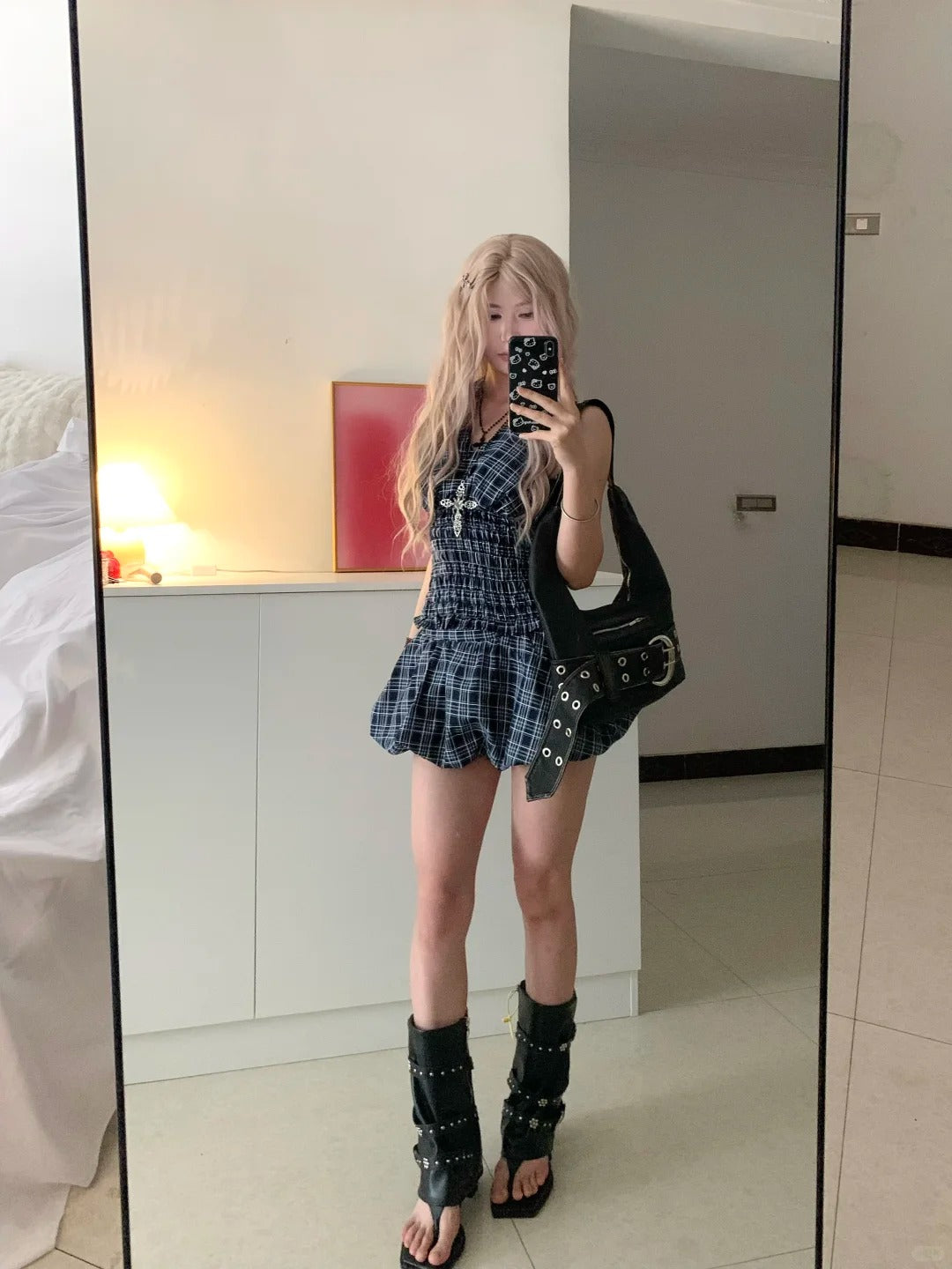 Blue White Check Sleeveless Playsuit Y2K Mini Dress