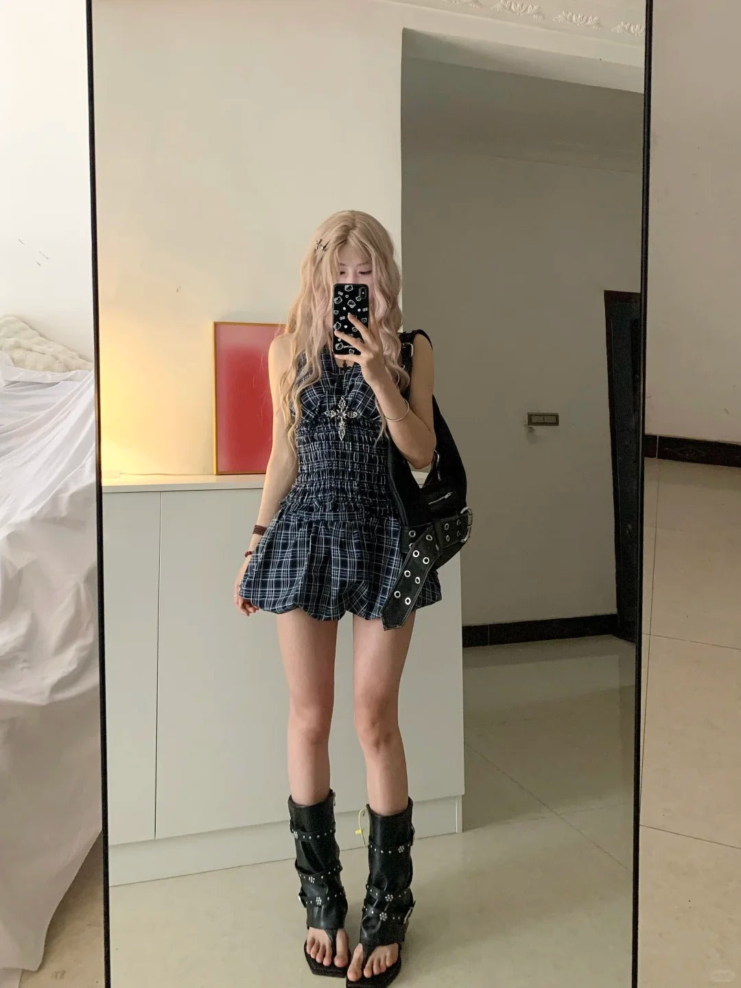 Blue White Check Sleeveless Playsuit Y2K Mini Dress