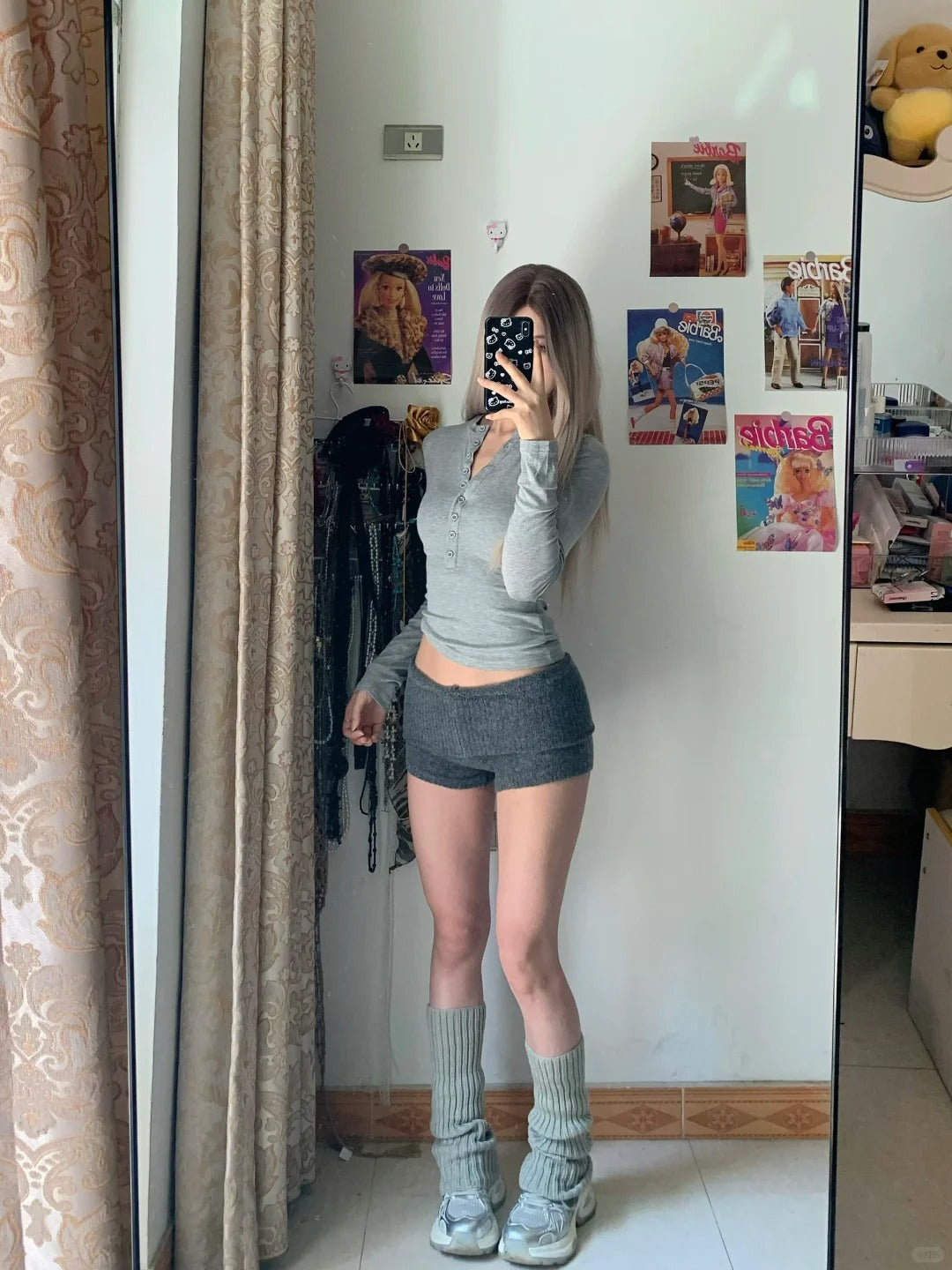 Grey Long Sleeve Button Crop and Silver Knit Shorts Y2K Two Pieces Sets
