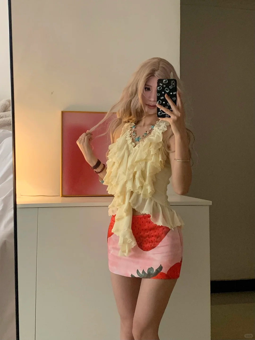 Pastel Ruffle Halter Top and Strawberry Mini Skirt Y2K Two Pieces Sets
