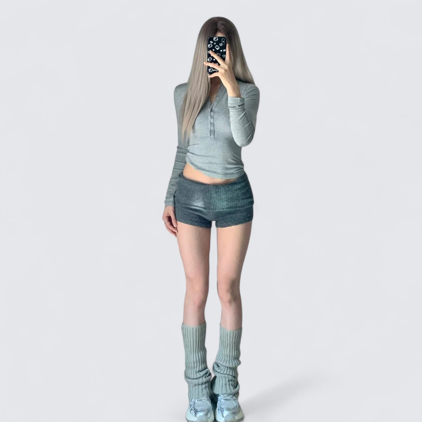 Grey Long Sleeve Button Crop and Silver Knit Shorts Y2K Two Pieces Sets
