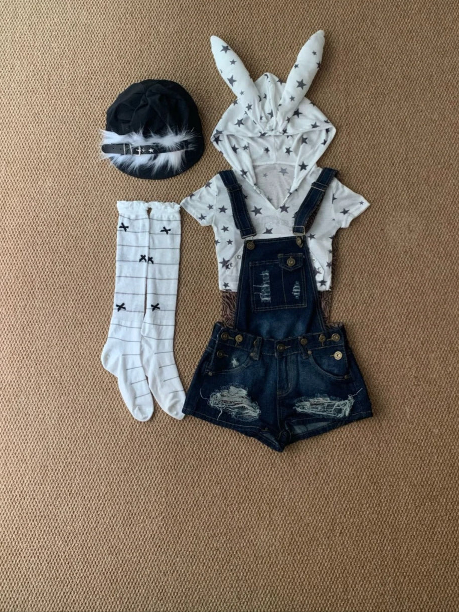 White Bunny Crop Tee and Blue Overalls Y2K Two Pieces Sets