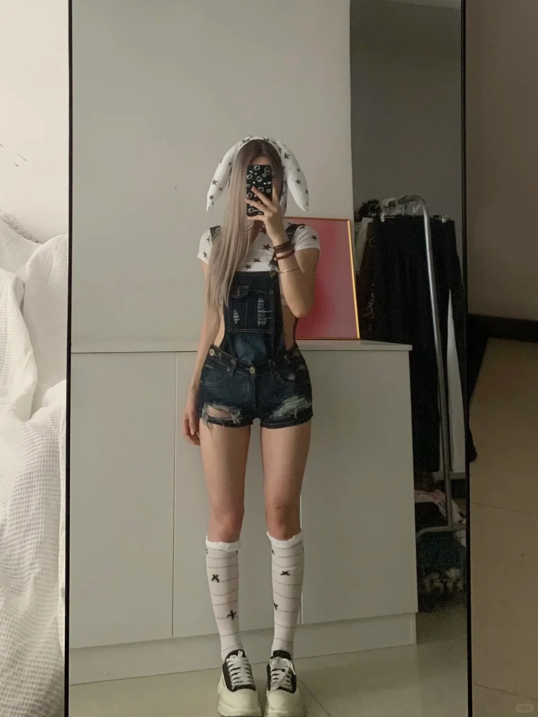 White Bunny Crop Tee and Blue Overalls Y2K Two Pieces Sets