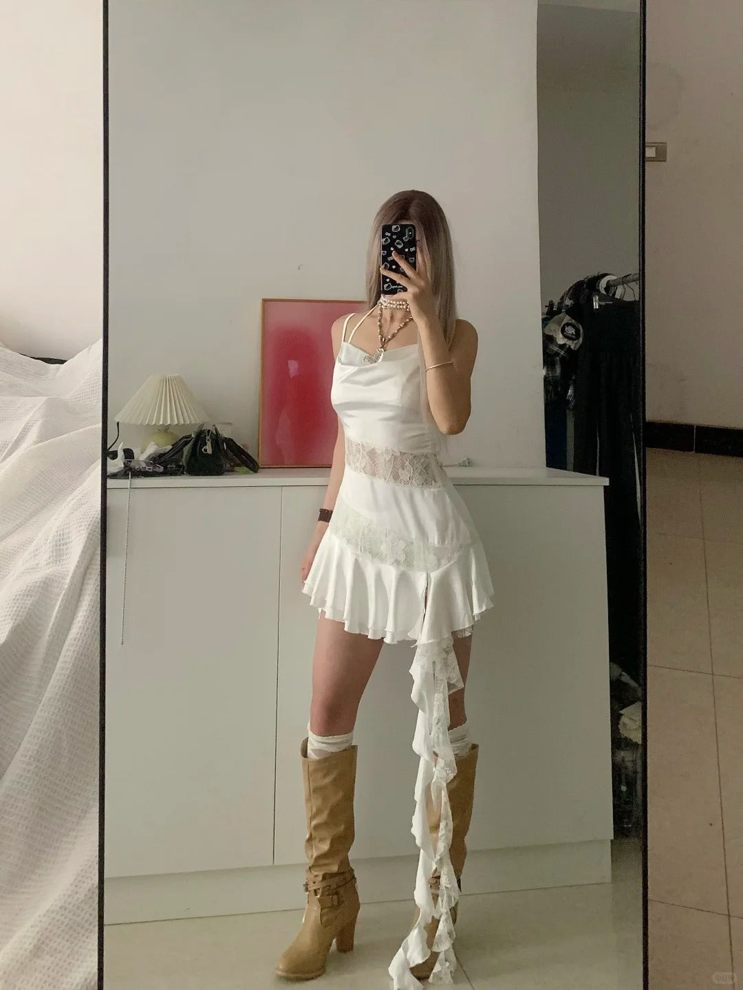 Irregular Ruffle Halter Lace Mini Dress Y2K Mini Dress