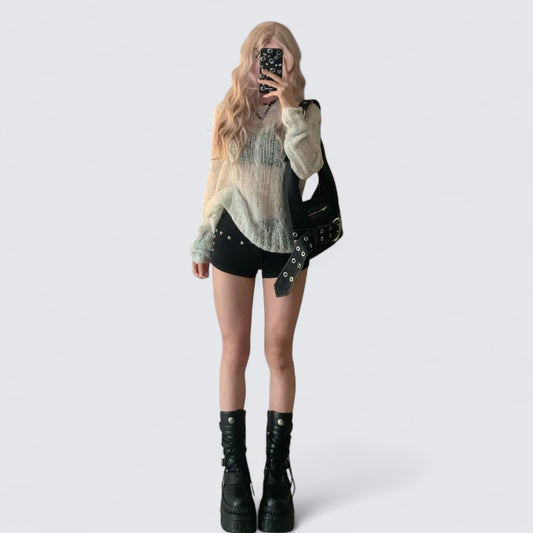 Light Hollow Knit Long Sleeve Top and Decorative Shorts Y2K Two Pieces Sets