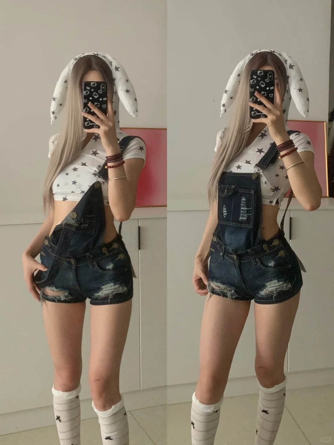 White Bunny Crop Tee and Blue Overalls Y2K Two Pieces Sets