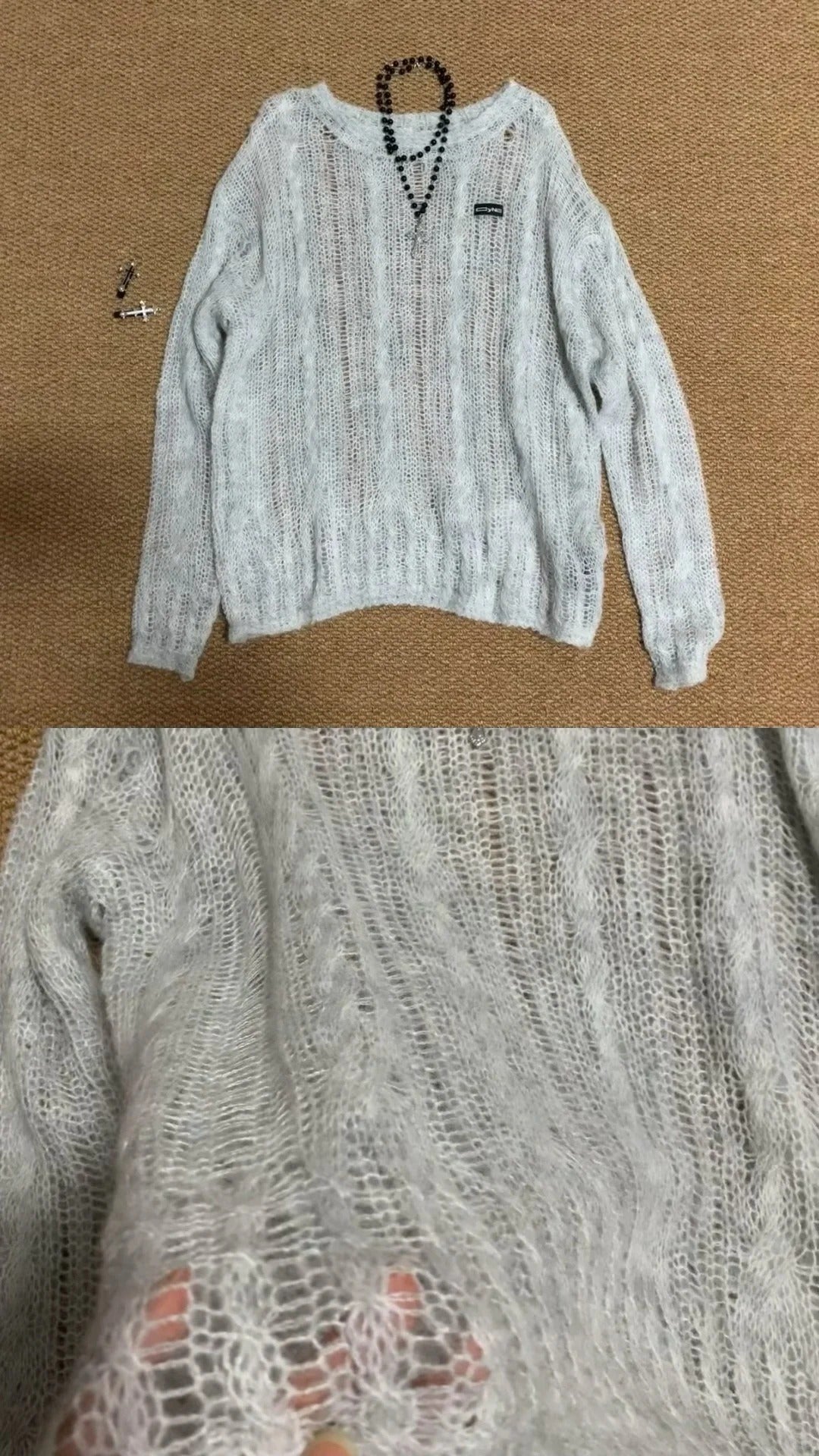 Light Hollow Knit Long Sleeve Top and Decorative Shorts Y2K Two Pieces Sets