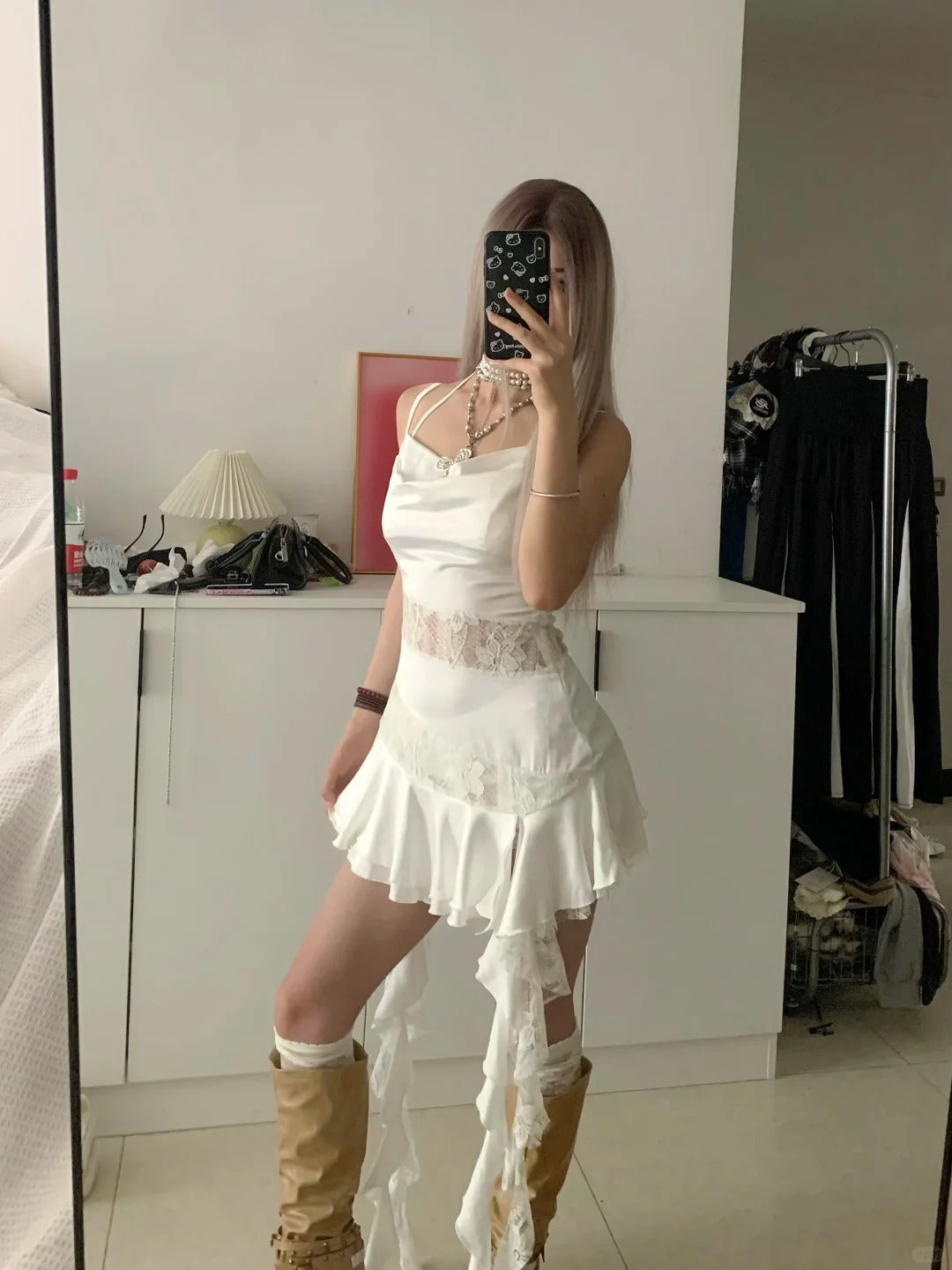 Irregular Ruffle Halter Lace Mini Dress Y2K Mini Dress