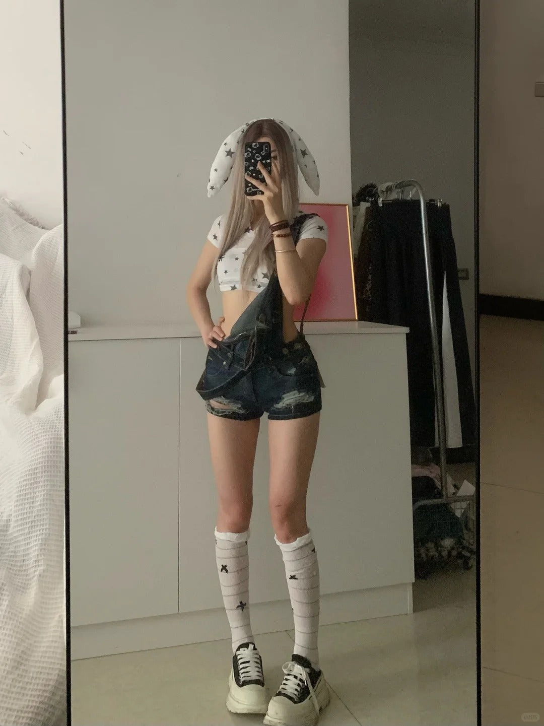 White Bunny Crop Tee and Blue Overalls Y2K Two Pieces Sets