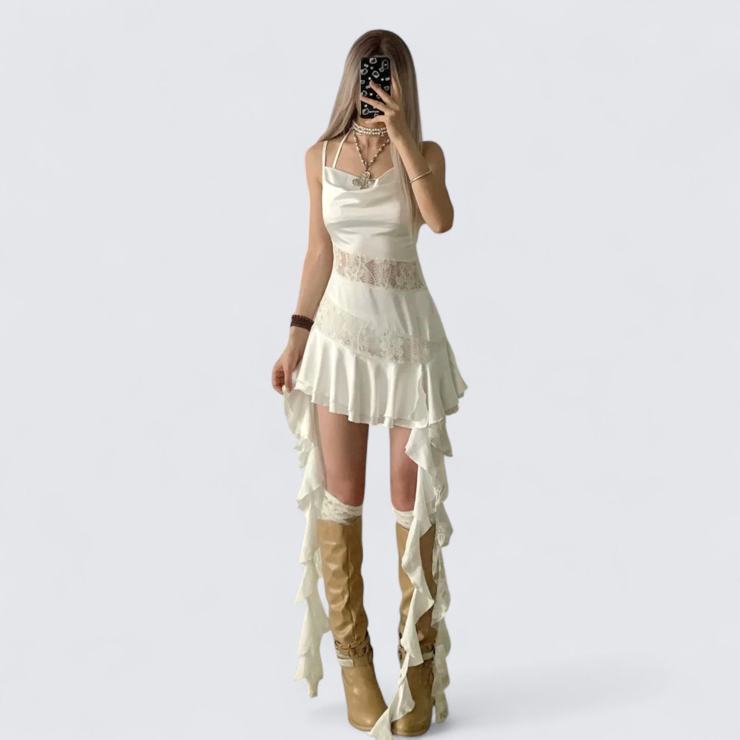 Irregular Ruffle Halter Lace Mini Dress Y2K Mini Dress