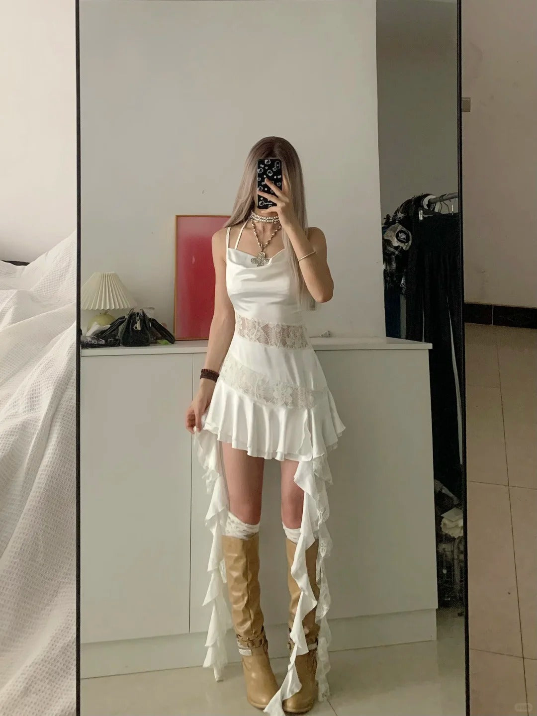 Irregular Ruffle Halter Lace Mini Dress Y2K Mini Dress
