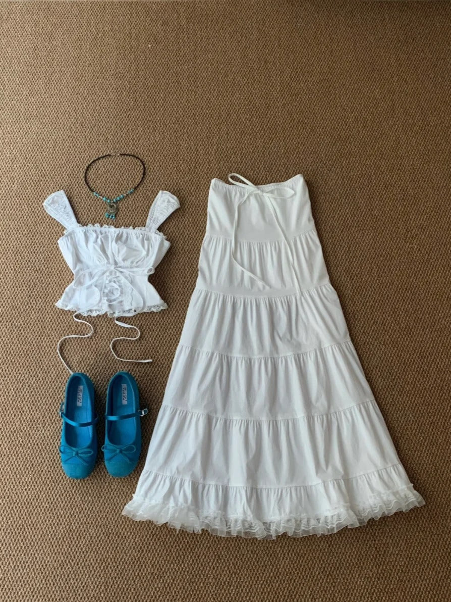 White Bustier with Metal Details and Layered Ruffle Mini Skirt Y2K Two Pieces Sets