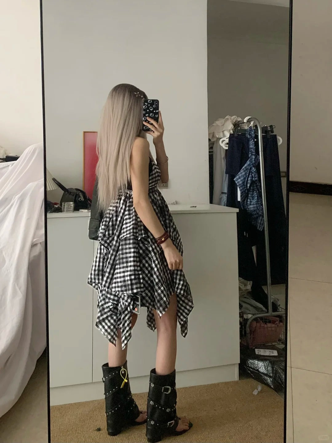 Black White Checkered Tiered Dress Y2K Midi Dress