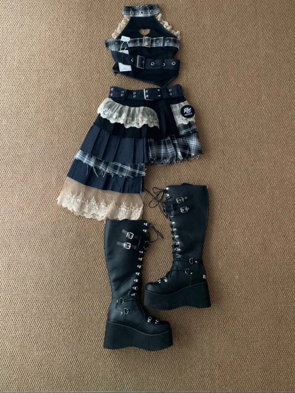 Denim Patchwork Top and Asymmetric Mini Skirt Y2K Two Pieces Sets
