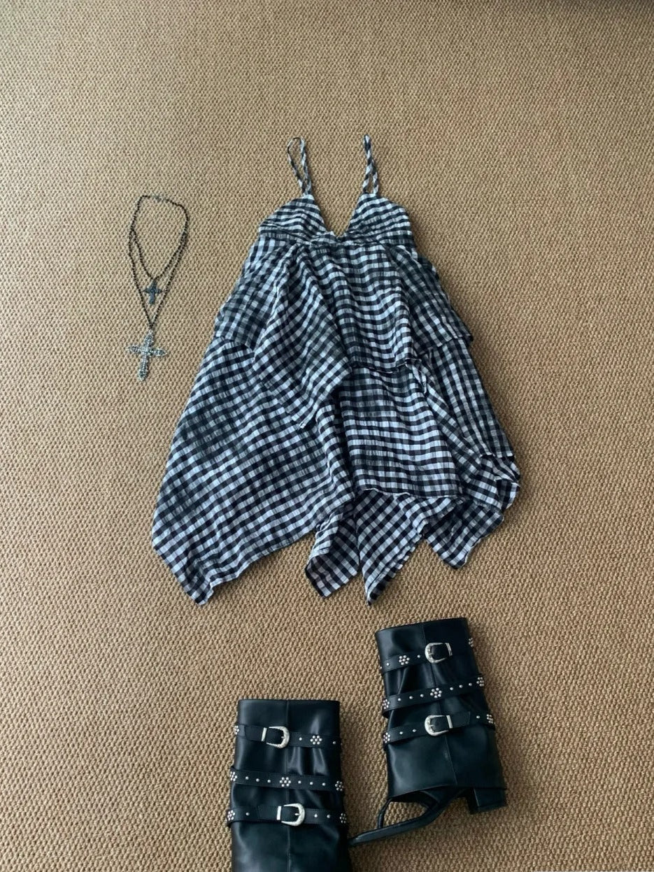 Black White Checkered Tiered Dress Y2K Midi Dress