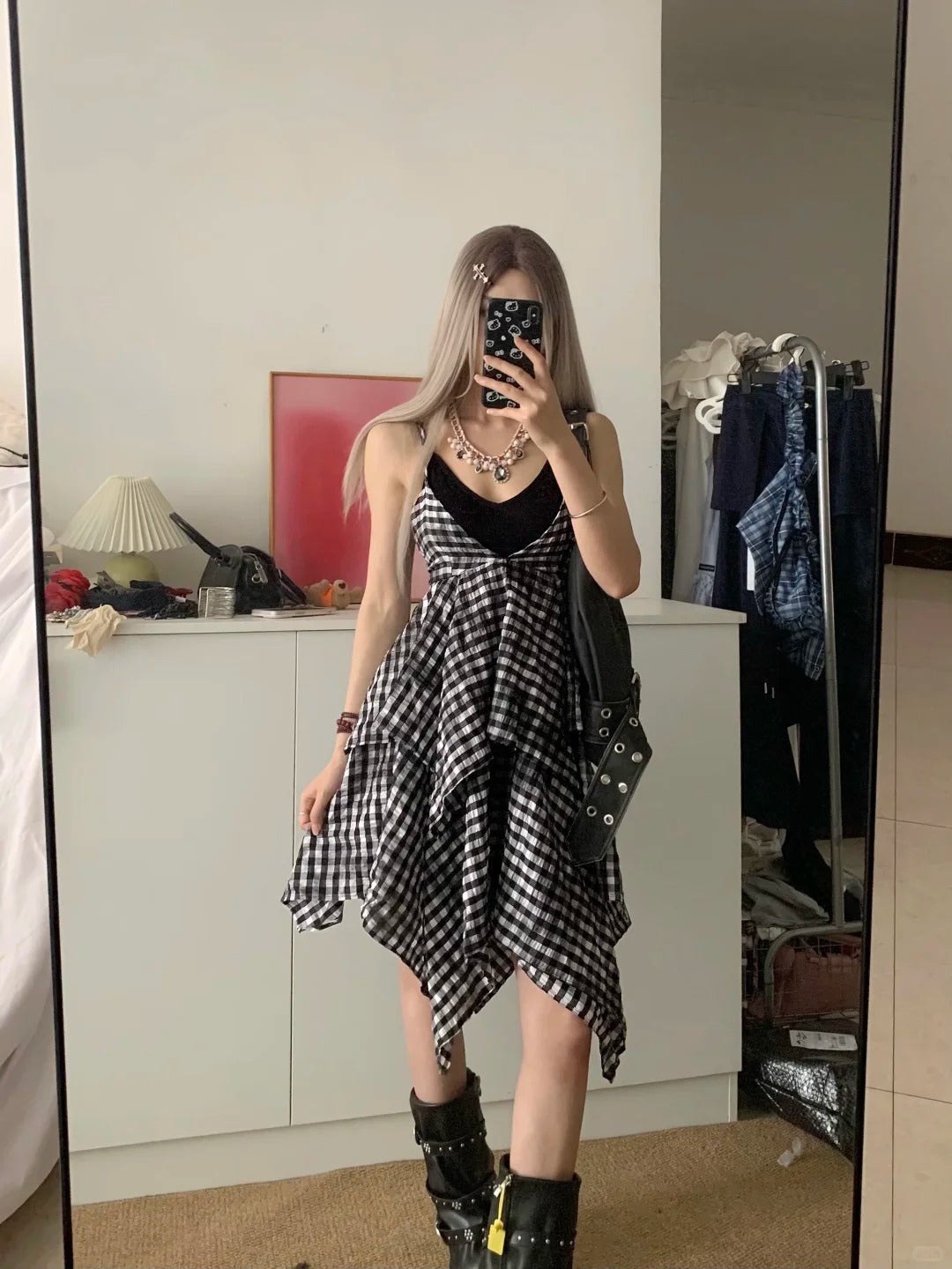 Black White Checkered Tiered Dress Y2K Midi Dress