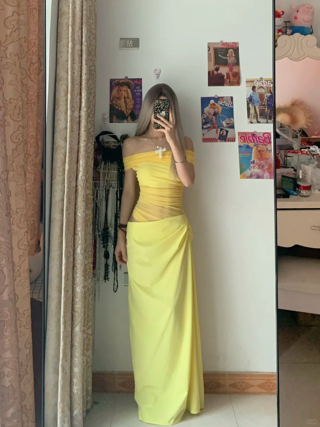 Yellow One Shoulder Maxi Dress with Mesh Y2K Midi Dress