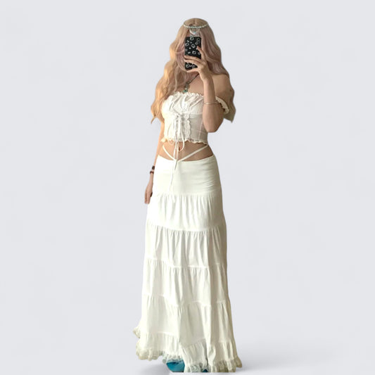 White Bustier with Metal Details and Layered Ruffle Mini Skirt Y2K Two Pieces Sets