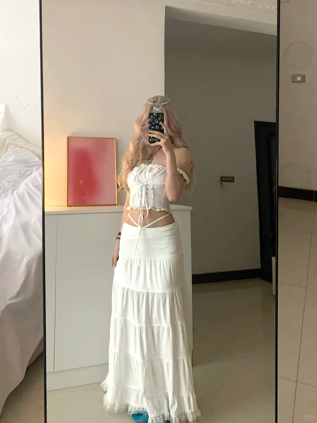 White Bustier with Metal Details and Layered Ruffle Mini Skirt Y2K Two Pieces Sets