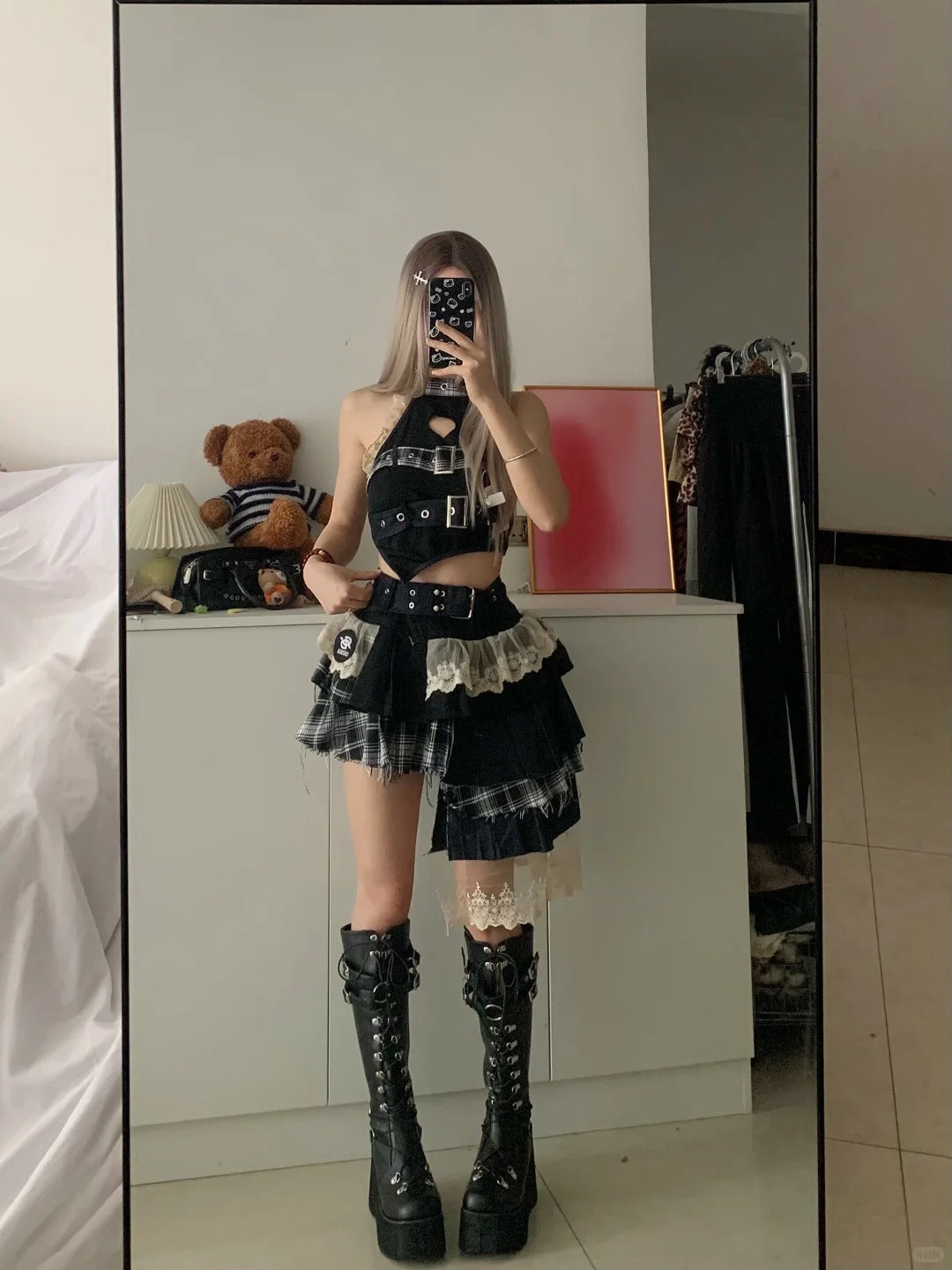 Denim Patchwork Top and Asymmetric Mini Skirt Y2K Two Pieces Sets