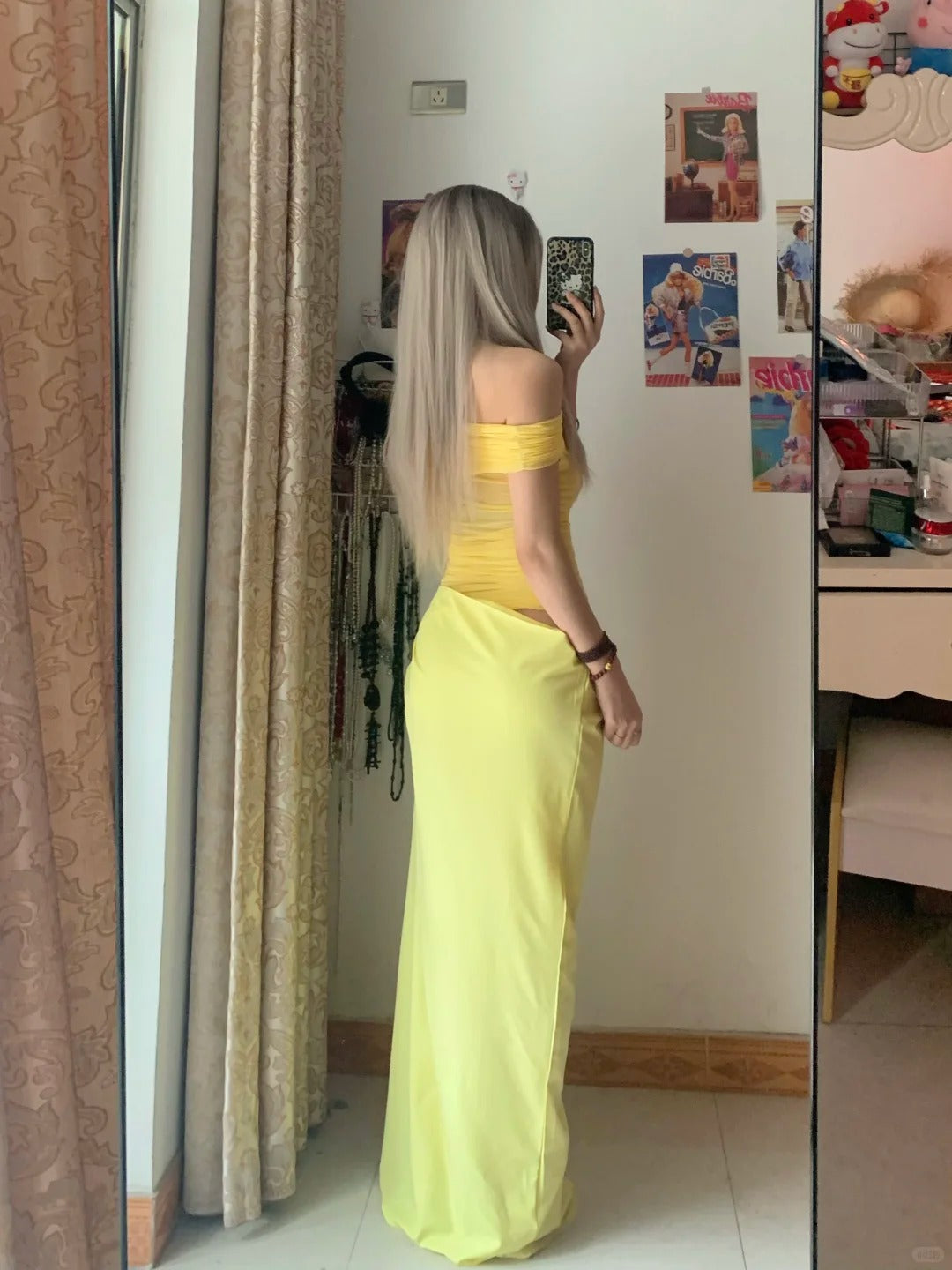 Yellow One Shoulder Maxi Dress with Mesh Y2K Midi Dress