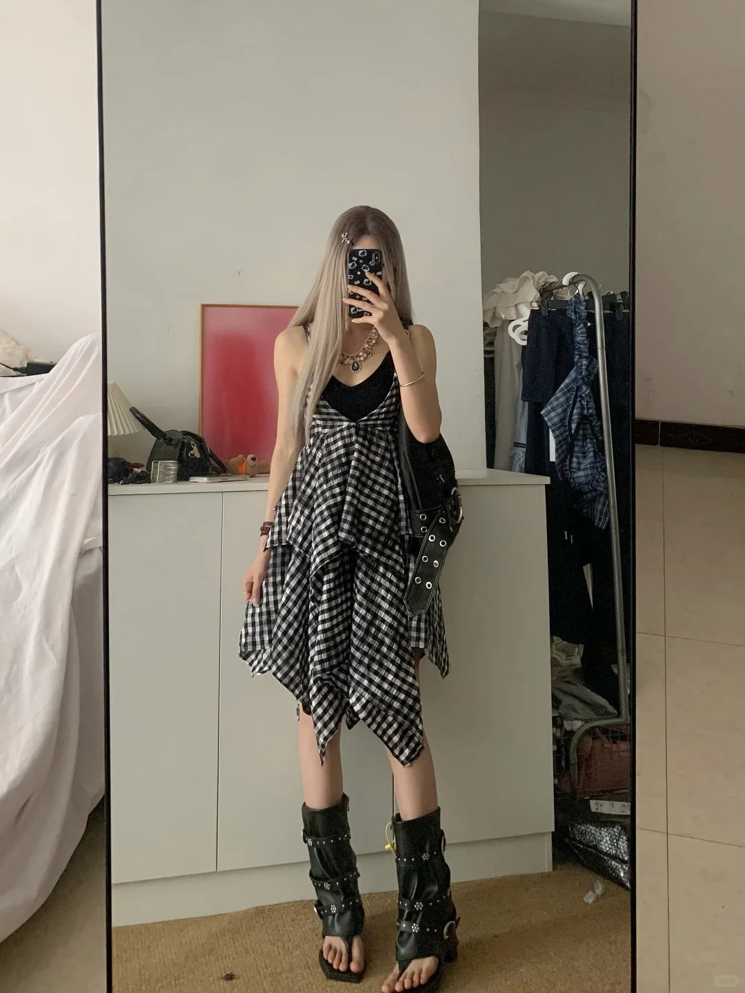 Black White Checkered Tiered Dress Y2K Midi Dress