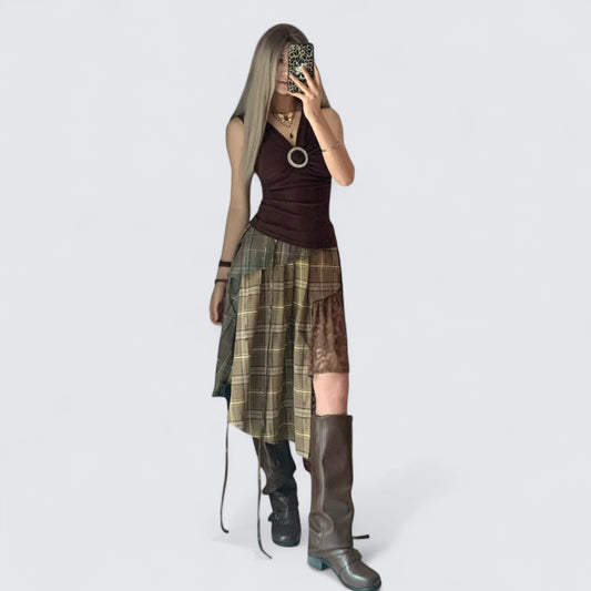 Dark Brown Sleeveless Top and Plaid Lace Asymmetric Mini Skirt Y2K Two Pieces Sets