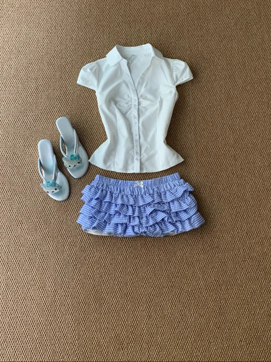 White Collar Top and Blue Cake Mini Dress Y2K Two Pieces Sets