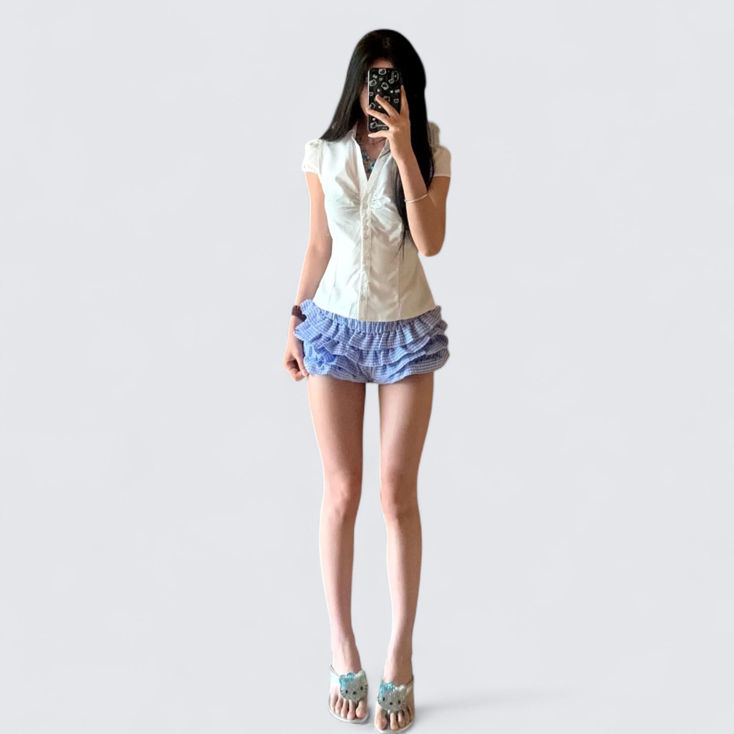 White Collar Top and Blue Cake Mini Dress Y2K Two Pieces Sets