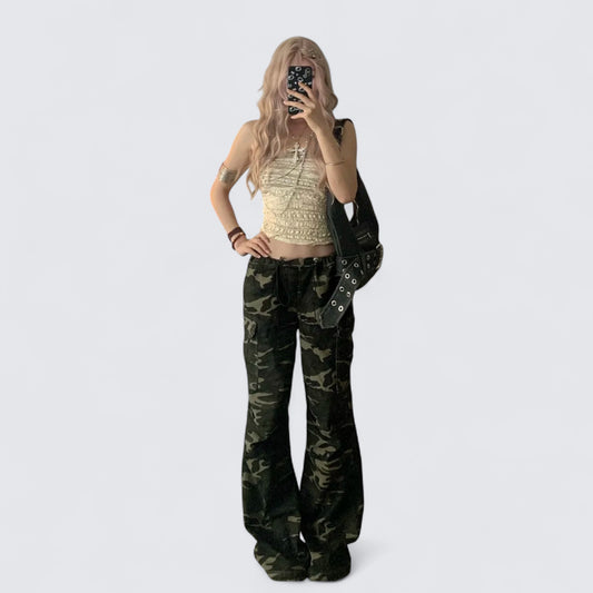 Beige Knit Halter and Camo Wide Leg Pants Y2K Two Pieces Sets