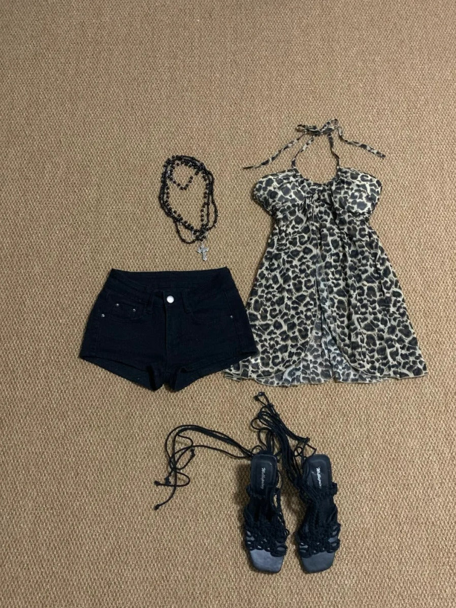 Brown Leopard Halter Mini Dress Y2K Mini Dress