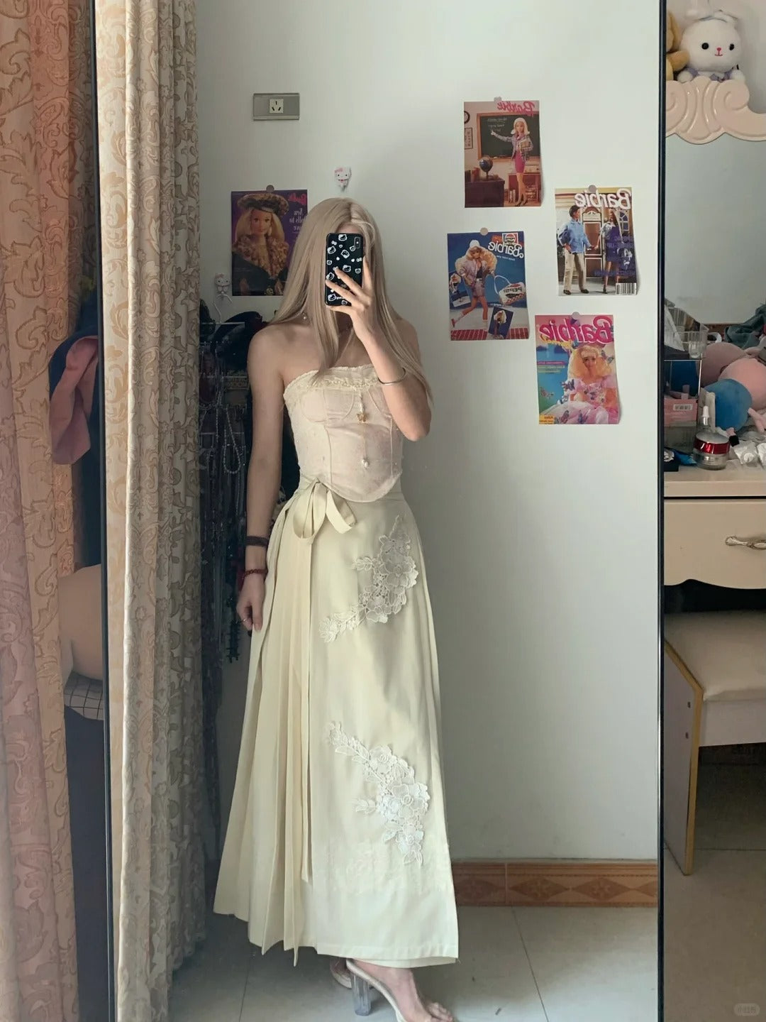 Beige Lace Bustier Top and Maxi Skirt Y2K Two Pieces Sets