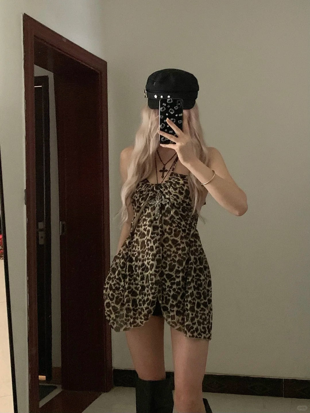 Brown Leopard Halter Mini Dress Y2K Mini Dress