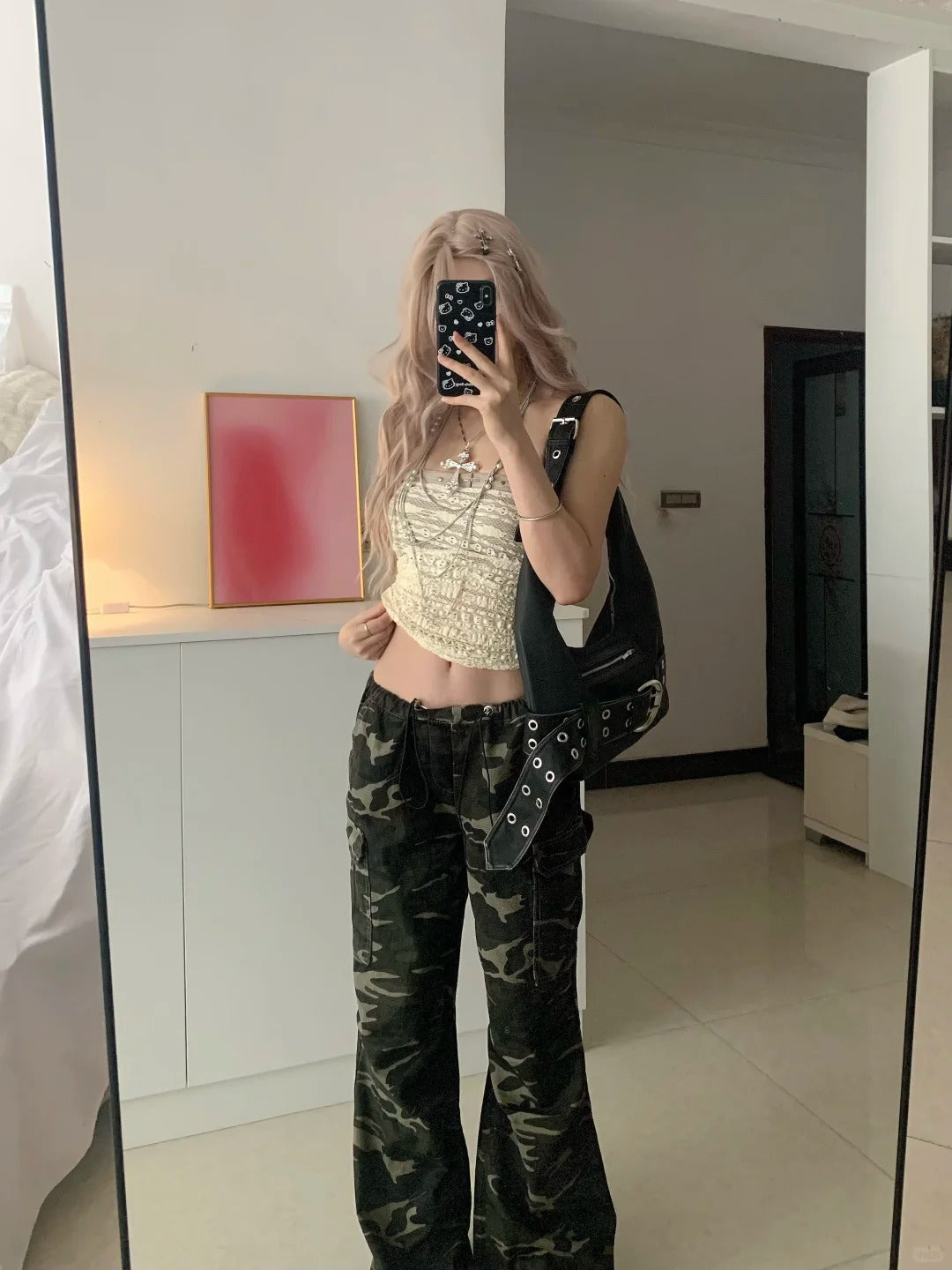 Beige Knit Halter and Camo Wide Leg Pants Y2K Two Pieces Sets