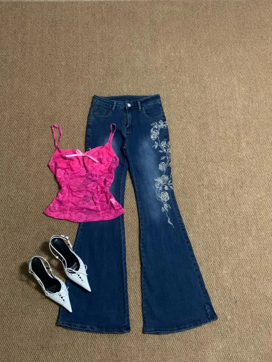 Pink Lace Cami and Embroidered Jeans Y2K Two Pieces Sets