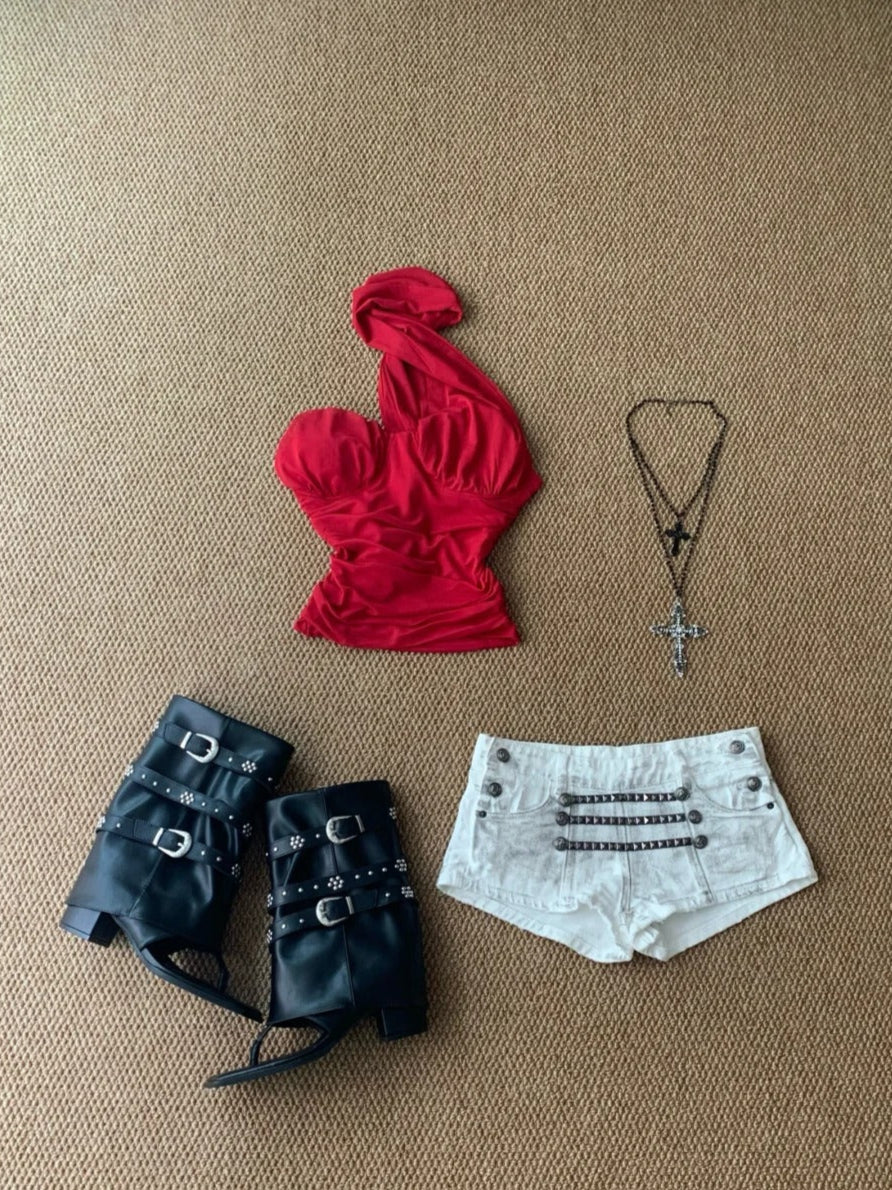 Red One Shoulder Crop and White Denim Shorts Y2K Two Pieces Sets