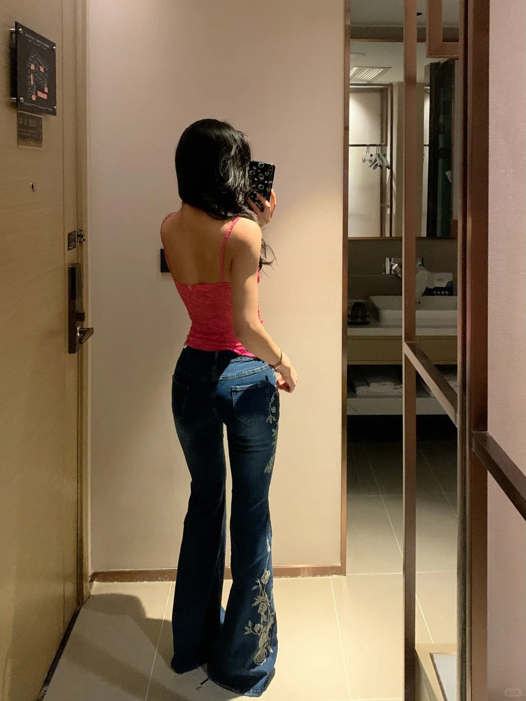 Pink Lace Cami and Embroidered Jeans Y2K Two Pieces Sets