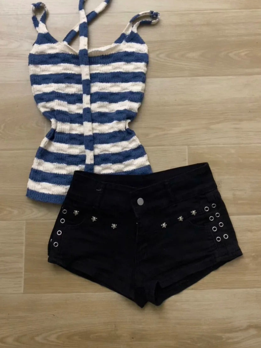 Blue White Striped Knit Halter and Decorative Shorts Y2K Two Pieces Sets