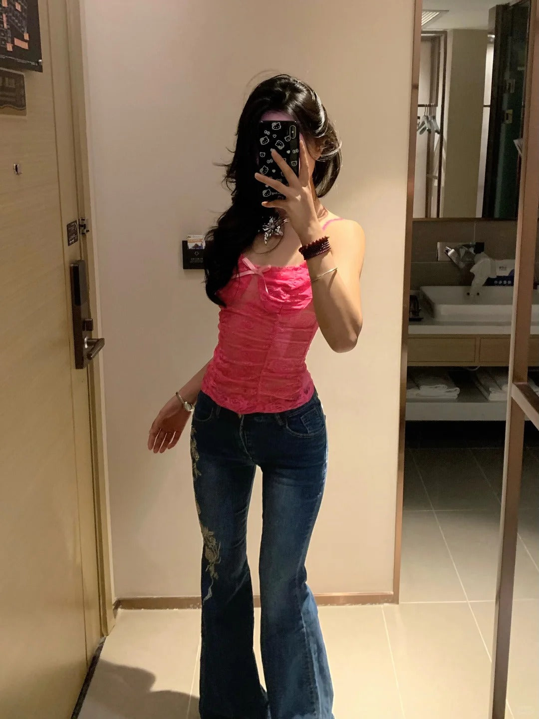 Pink Lace Cami and Embroidered Jeans Y2K Two Pieces Sets