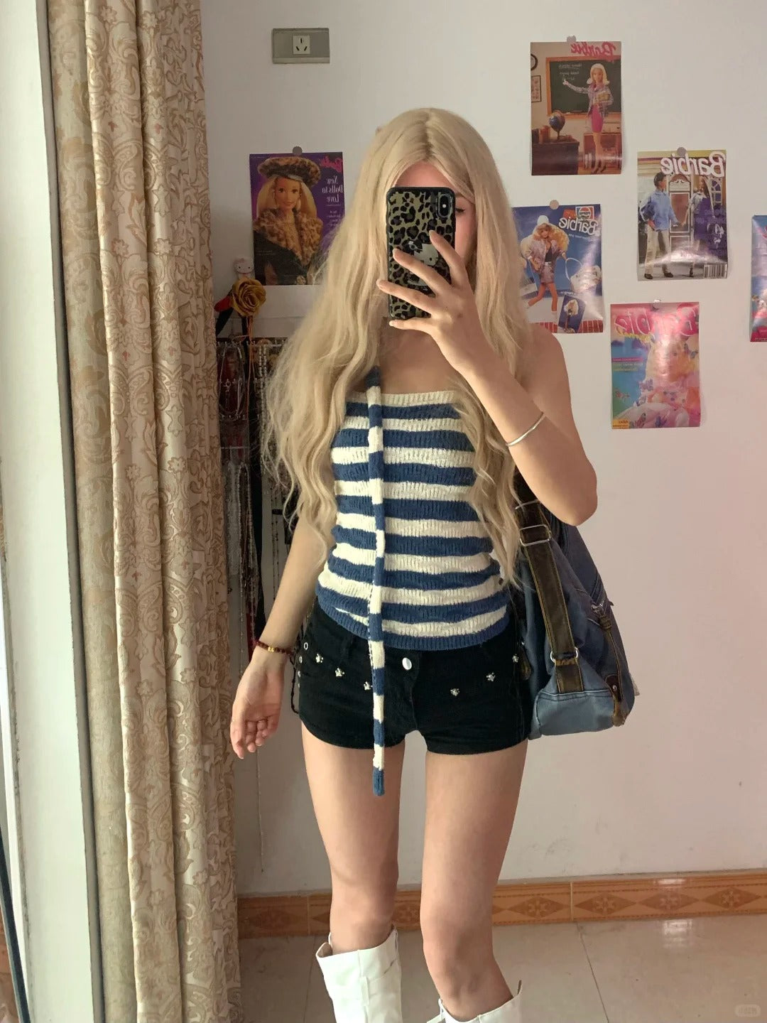 Blue White Striped Knit Halter and Decorative Shorts Y2K Two Pieces Sets