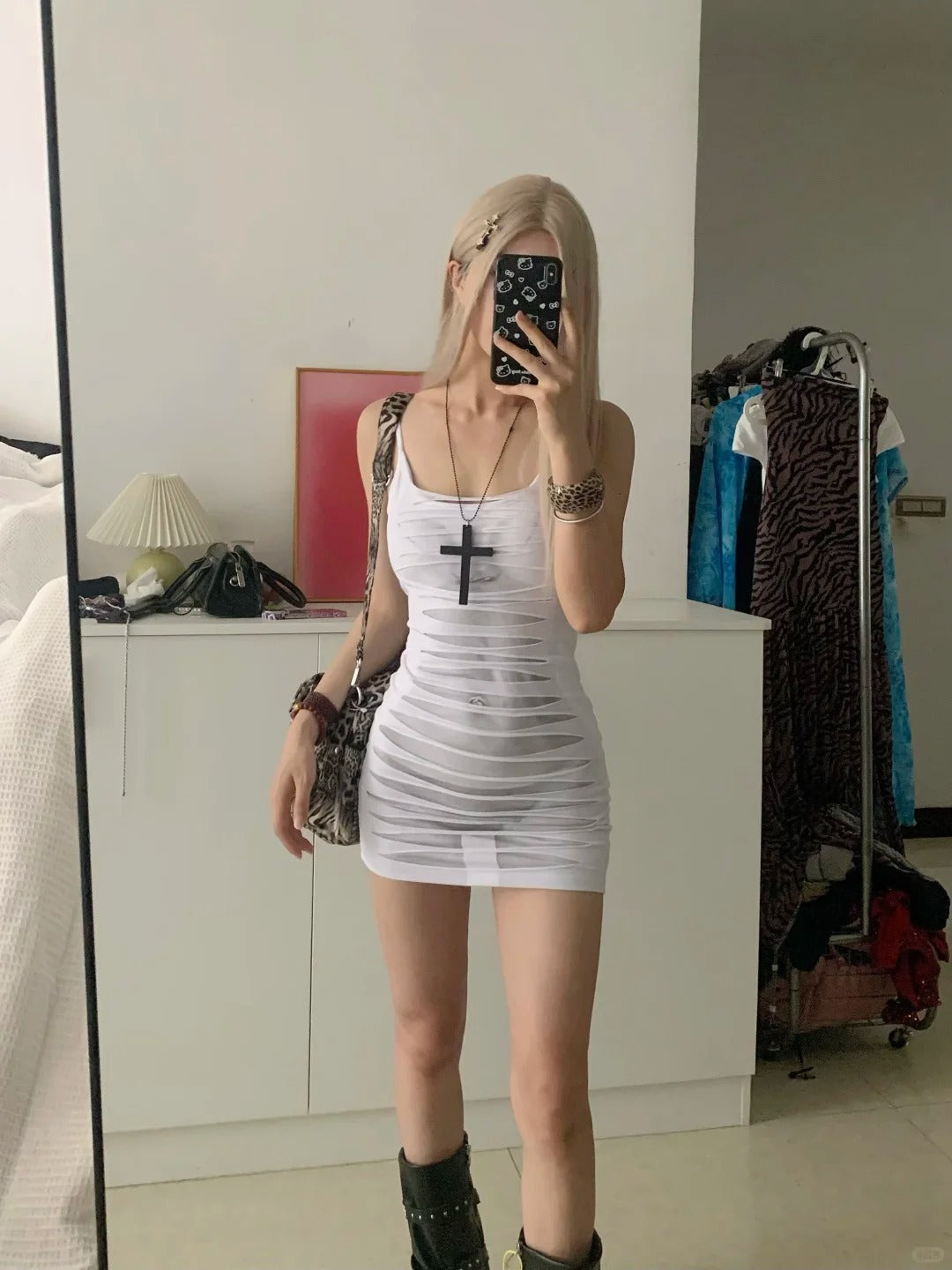White Body Print Tight Mini Dress Y2K Mini Dress