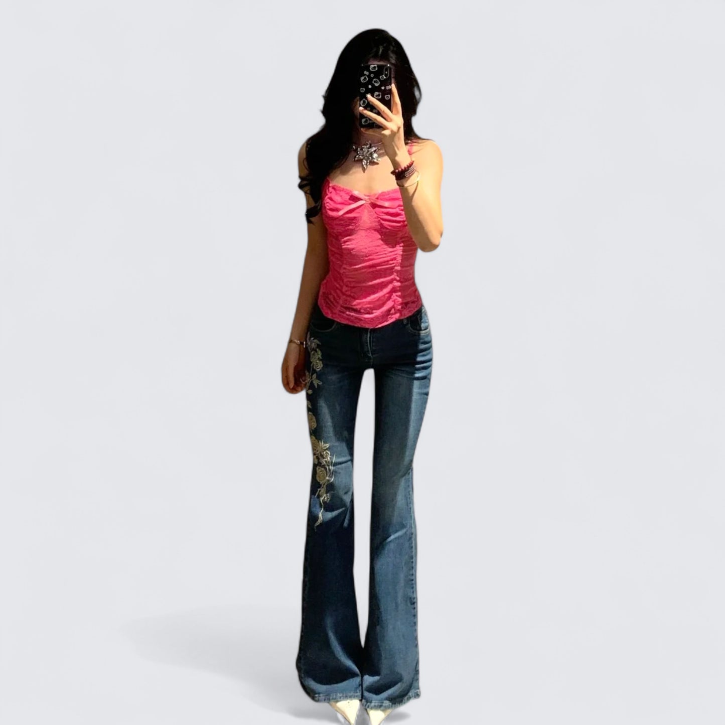 Pink Lace Cami and Embroidered Jeans Y2K Two Pieces Sets
