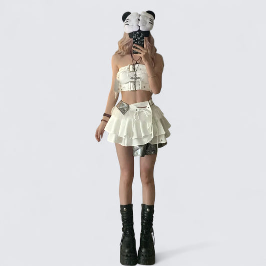 White Lace Bustier and Layered Ruffle Skirt Y2K Two Pieces Sets
