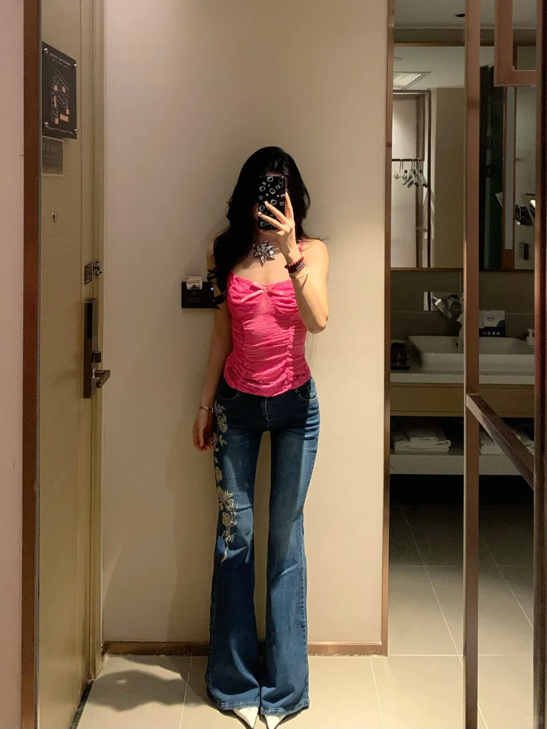 Pink Lace Cami and Embroidered Jeans Y2K Two Pieces Sets