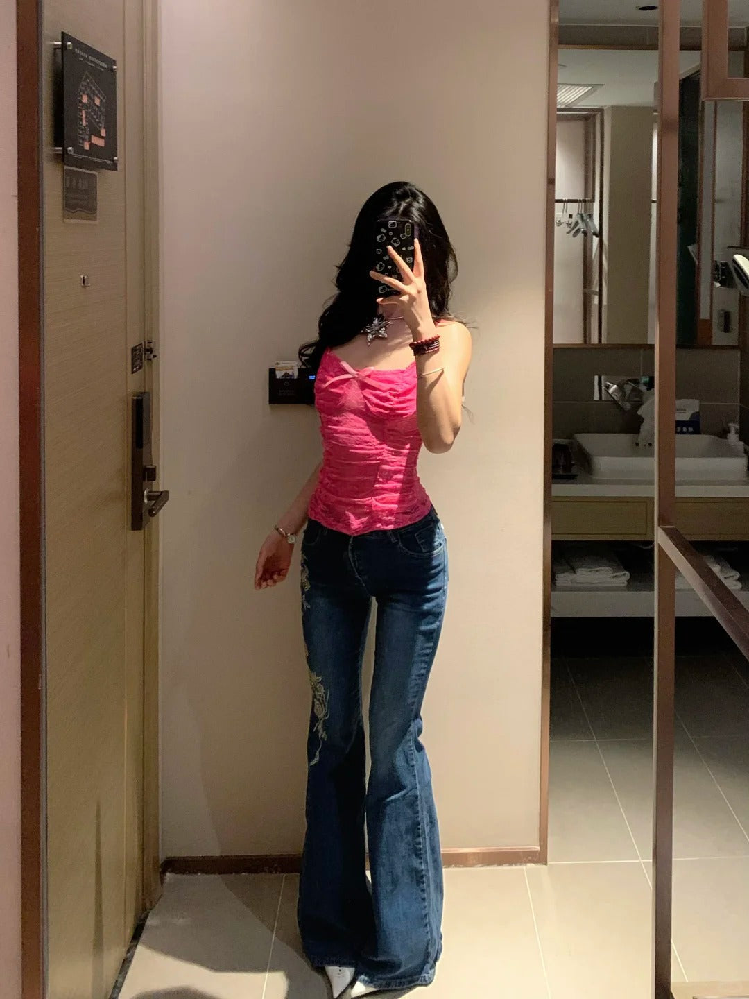 Pink Lace Cami and Embroidered Jeans Y2K Two Pieces Sets
